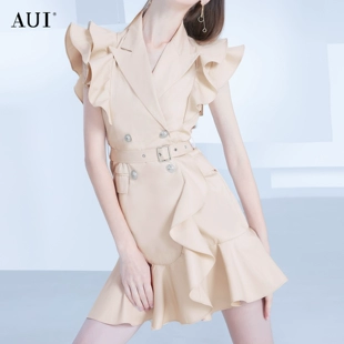 设计感短袖 温柔风气质荷叶边连衣裙女2023夏季 中长裙 AUI法式 新款