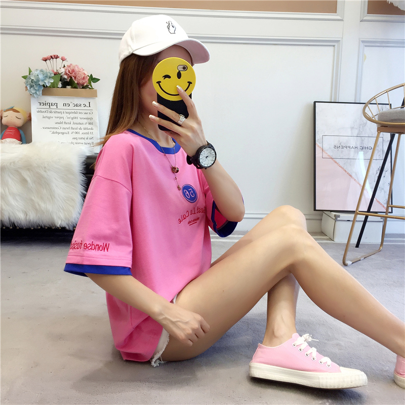 短袖t恤女韩范夏装女装衣服2018新款韩版潮学生宽松半袖粉色上衣