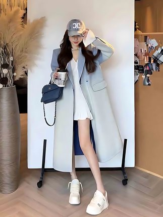 2023秋冬新款渐变色手工双面羊毛大衣女中长款西装领正肩羊绒外套