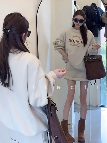 【慵懒欧尼】韩版时尚简约加厚圆领字母卫衣+高腰半身短裙套装女