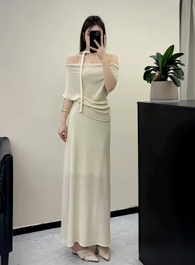 度假风设计感针织套装女2026年夏季一字领漏肩上衣+直筒半身长裙