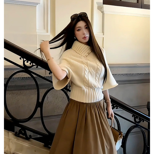 韩系温柔风杏色翻领高领短袖针织毛衣咖色高腰褶皱半身裙休闲套装