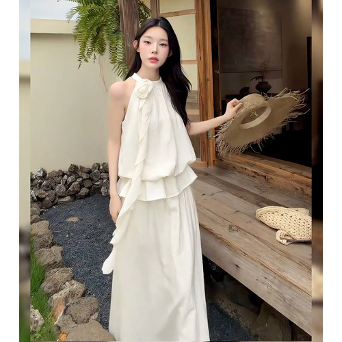 挂脖荷叶边无袖上衣+垂感半身裙套装女2026年夏季宽松显瘦两件套