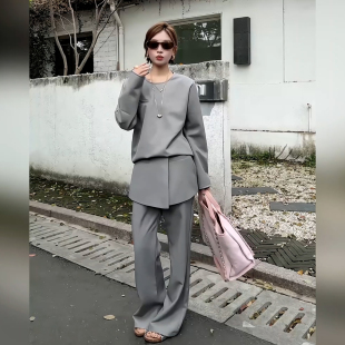 宽松上衣 韩系慵懒风高级感灰色套装 女春季 新款 两件套 高腰阔腿裤