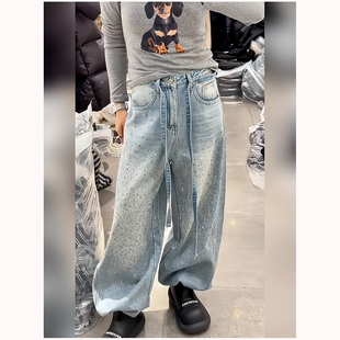 重工满天星亮闪闪牛仔裤阔腿2026春季夏季新款高腰宽松烫钻牛仔裤