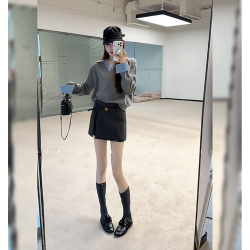 2026年春秋季新款拼接假两件设计感翻领针织上衣开叉半身裙两件套