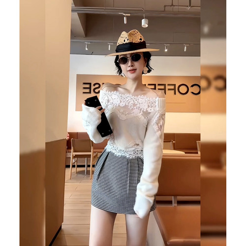 纯欲甜美风蕾丝拼接一字领针织打底衫高级感格子花苞半身裙两件套