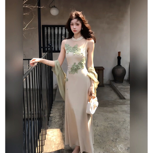 清冷感新中式女立领网纱蕾丝旗袍裙+温柔风薄荷绿防晒开衫两件套