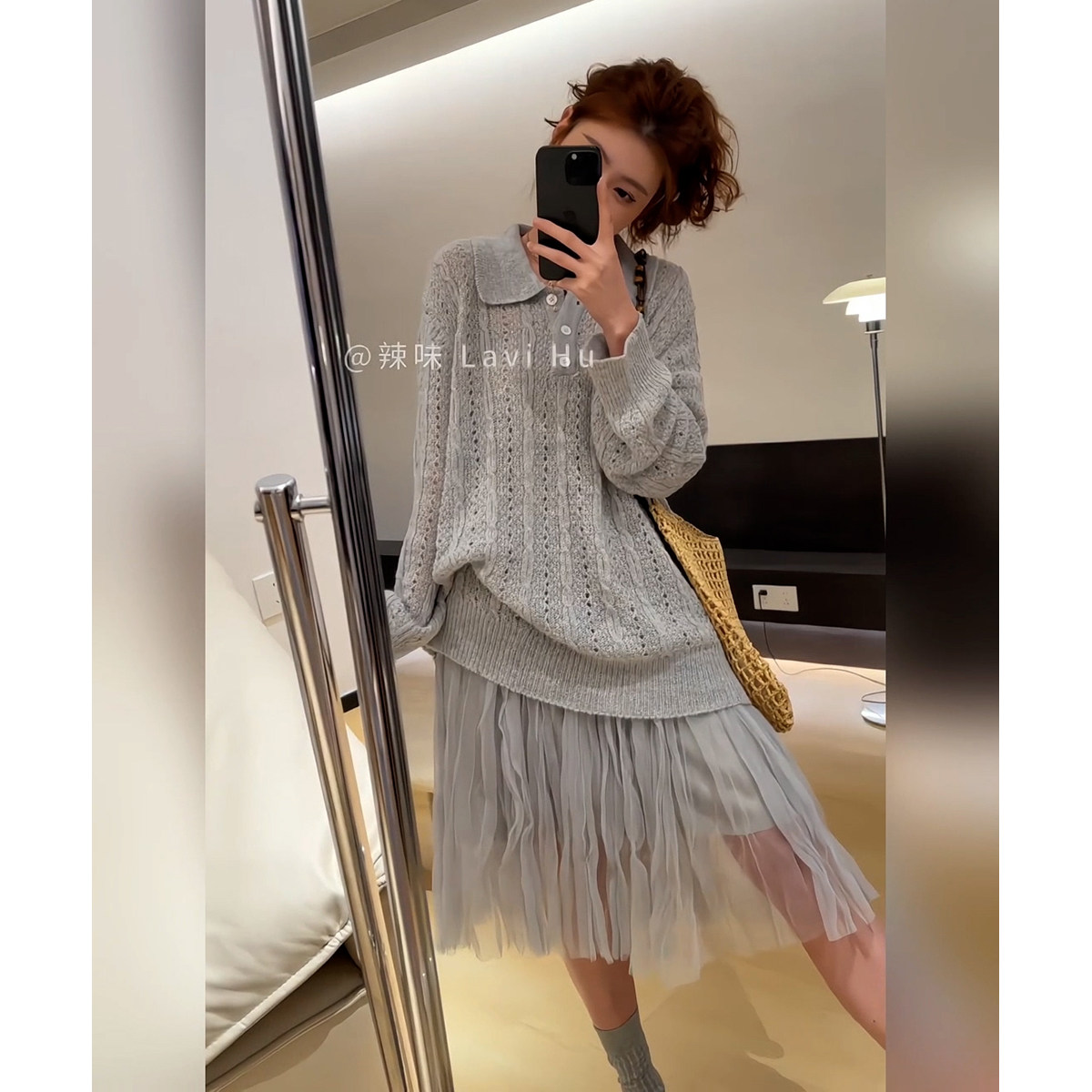 韩系慵懒风polo领麻花纹针织衫女+不规则网纱半身裙温柔风两件套