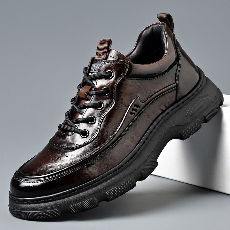 男鞋新款潮流真皮软底休闲鞋皮鞋男透气户外运动板鞋厚底百搭潮