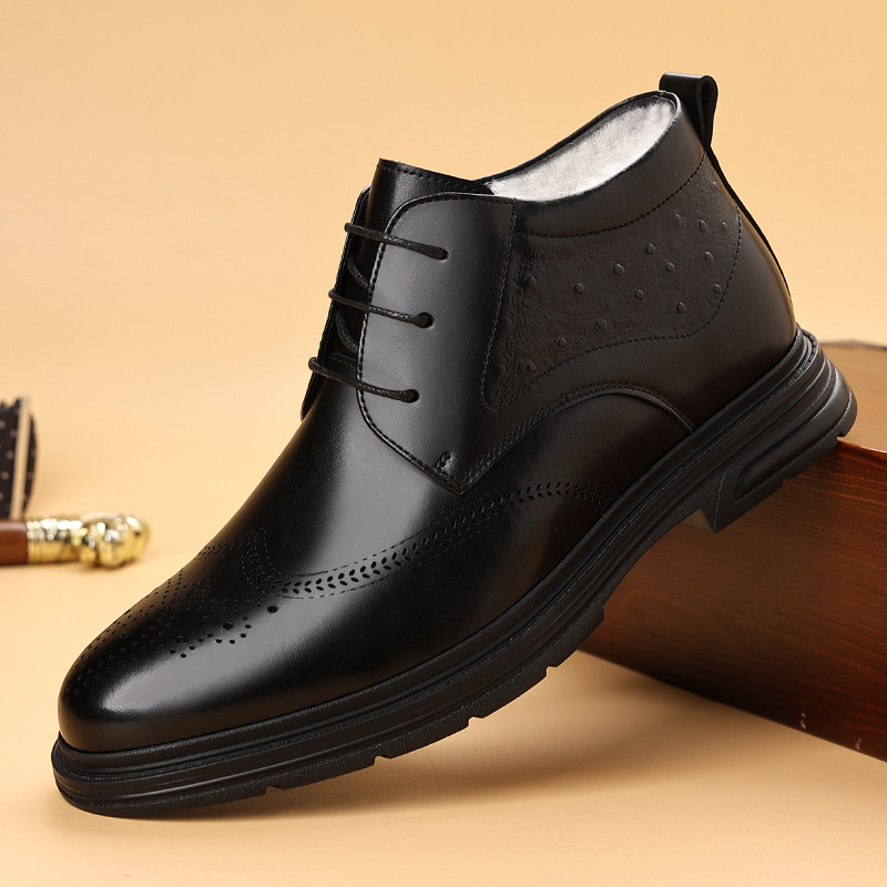 中老年爸爸棉鞋皮鞋男2025冬季加绒保暖高帮皮鞋商务正装