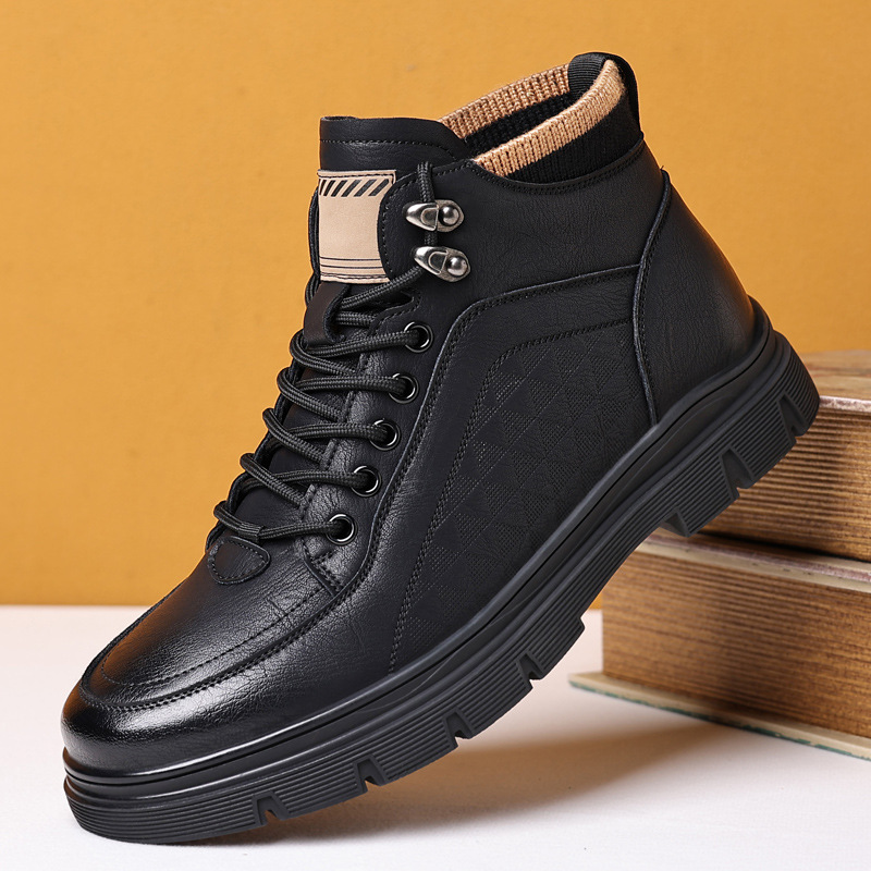 2025新款加绒马丁靴男士英伦风黑色皮靴休闲高帮靴子厚底东北棉鞋