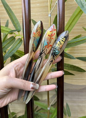 悦木坊手绘羊角 荷花 兰花 竹子 中式高级古风盘发发簪日常百搭