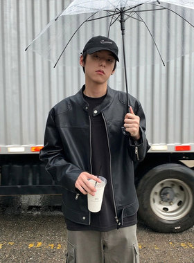 春秋季CHIC美式复古短款机车皮衣男宽松酷飒立领PU皮夹克外套潮流