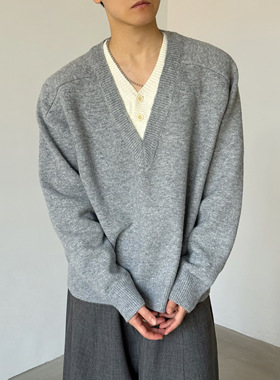 老钱风假两件拼接V领羊毛针织衫男慵懒宽松高级感套头毛衣韩版潮