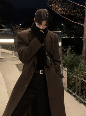 美拉德毛呢大衣男中长款过膝宽松韩版垫肩呢子风衣外套潮流秋冬季