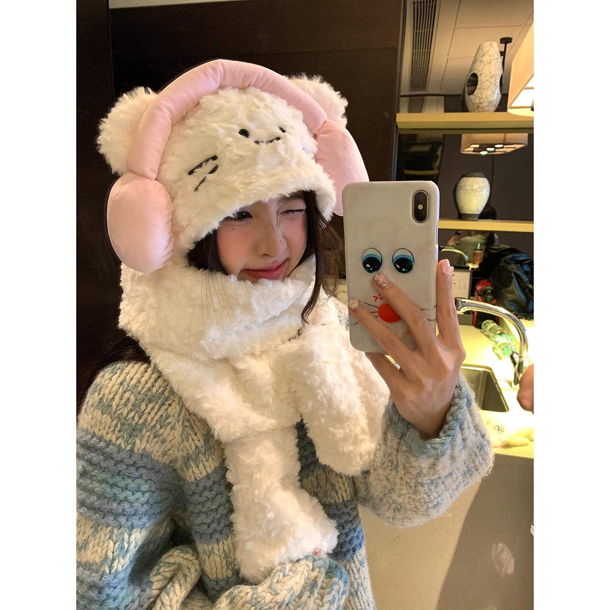 围脖帽子手套一体冬猫咪连帽围巾