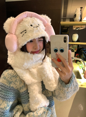 馨帮帮护耳围脖帽子手套一体冬季毛绒保暖百搭可爱猫咪连帽围巾女