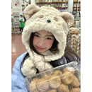 馨帮帮 卡通小熊毛绒帽秋冬围巾帽子一体加厚防风保暖围脖雷锋帽