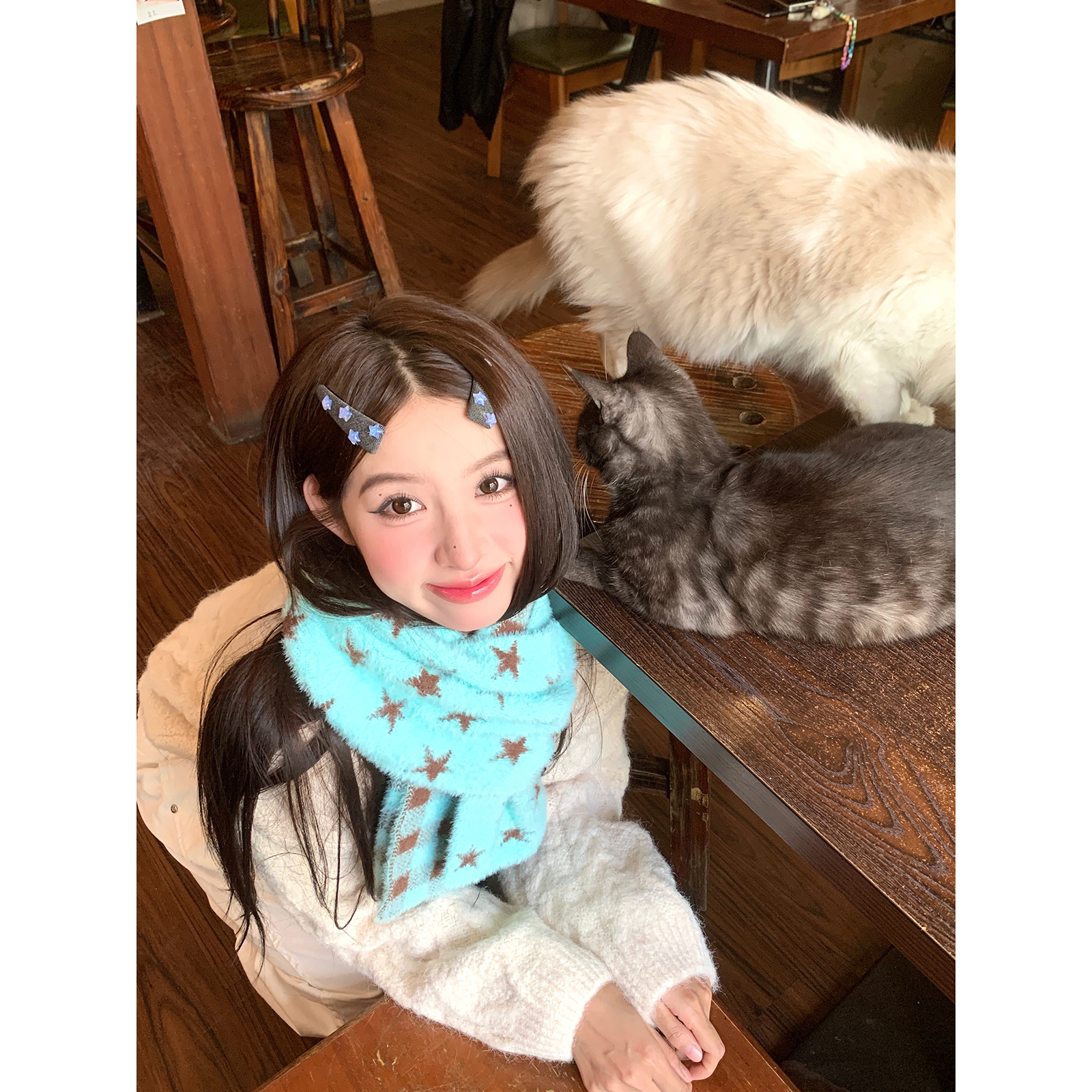 防冻保暖围脖格纹星星毛绒围巾女