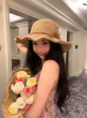 馨帮帮 度假风沙滩渔夫帽海边防晒遮阳帽大帽檐蝴蝶结编织草帽女