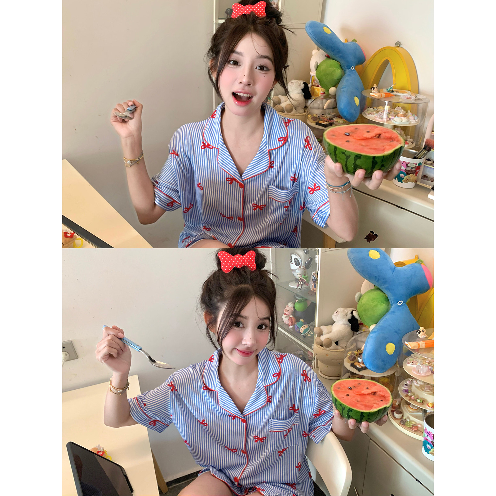 馨帮帮 翻领短袖睡衣女款夏薄款可外穿蝴蝶结条纹短裤家居服3件套