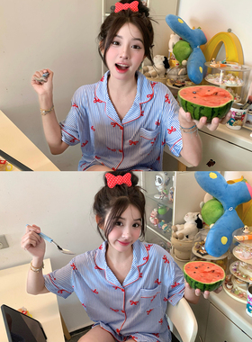 馨帮帮 翻领短袖睡衣女款夏薄款可外穿蝴蝶结条纹短裤家居服3件套