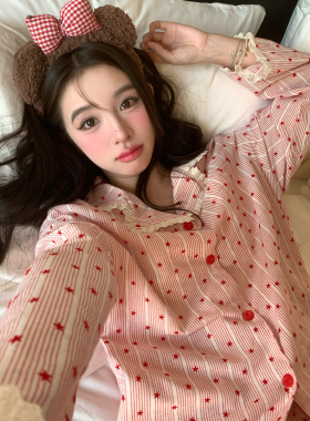 馨帮帮 星星条纹长袖睡衣女春季可爱蕾丝边可外穿开衫家居服套装