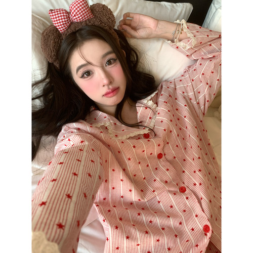 星星条纹长袖睡衣女家居服套装