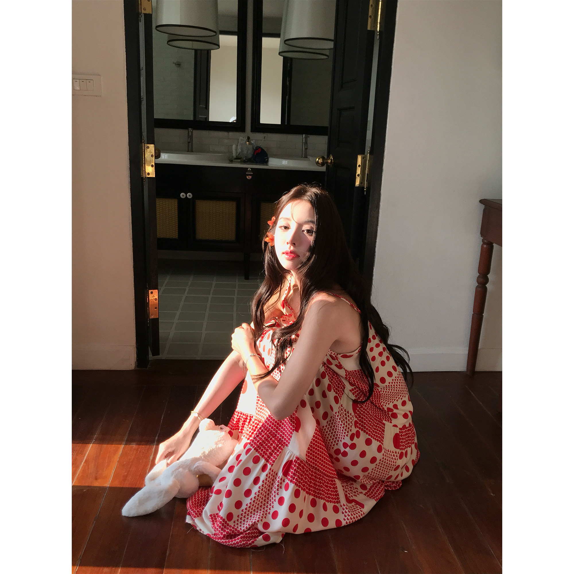 馨帮帮 无袖连衣裙睡衣女款夏薄款可外穿舒适波点吊带睡裙家居服