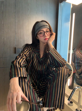 馨帮帮 彩色条纹时尚家居服套装2026春季舒适睡衣长裤两件套女