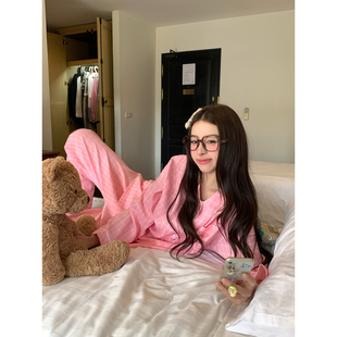 长袖 馨帮帮 少女甜美薄款 套装 家居服女 春日多巴胺粉色格子睡衣裤