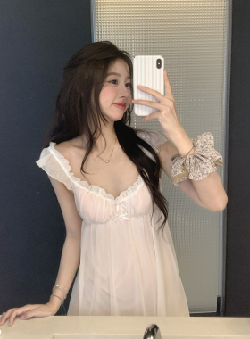 馨帮帮  蝴蝶结带胸垫吊带睡衣夏季薄款纯欲网纱花边睡裙家居服女