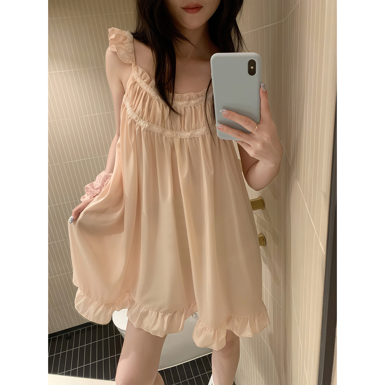 馨帮帮 褶皱吊带睡裙家居服女夏薄款可外穿纯欲无袖连衣裙家居服