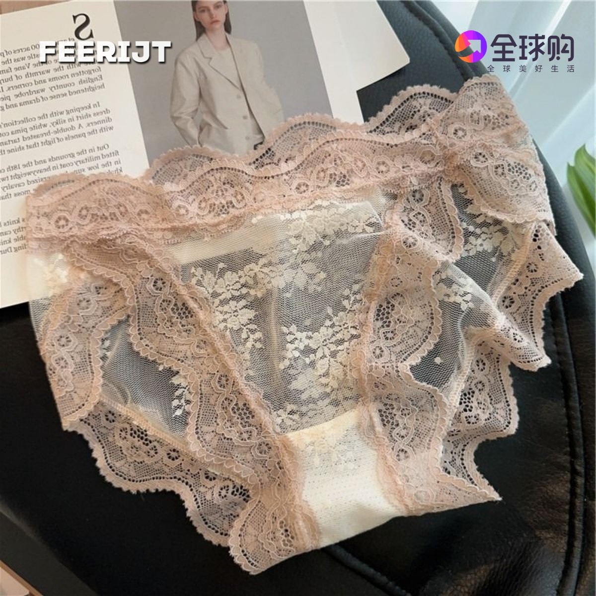 Japanese FEERIJT French full lace panties for women with low waist sexy breathable sweet transparent cotton trousers