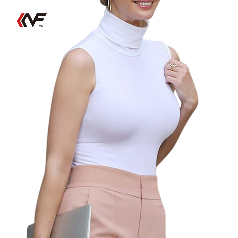 凯文弗kvf弹力棉高折领无袖t恤 纯色气质百搭t恤女 礼仪名嫒打底