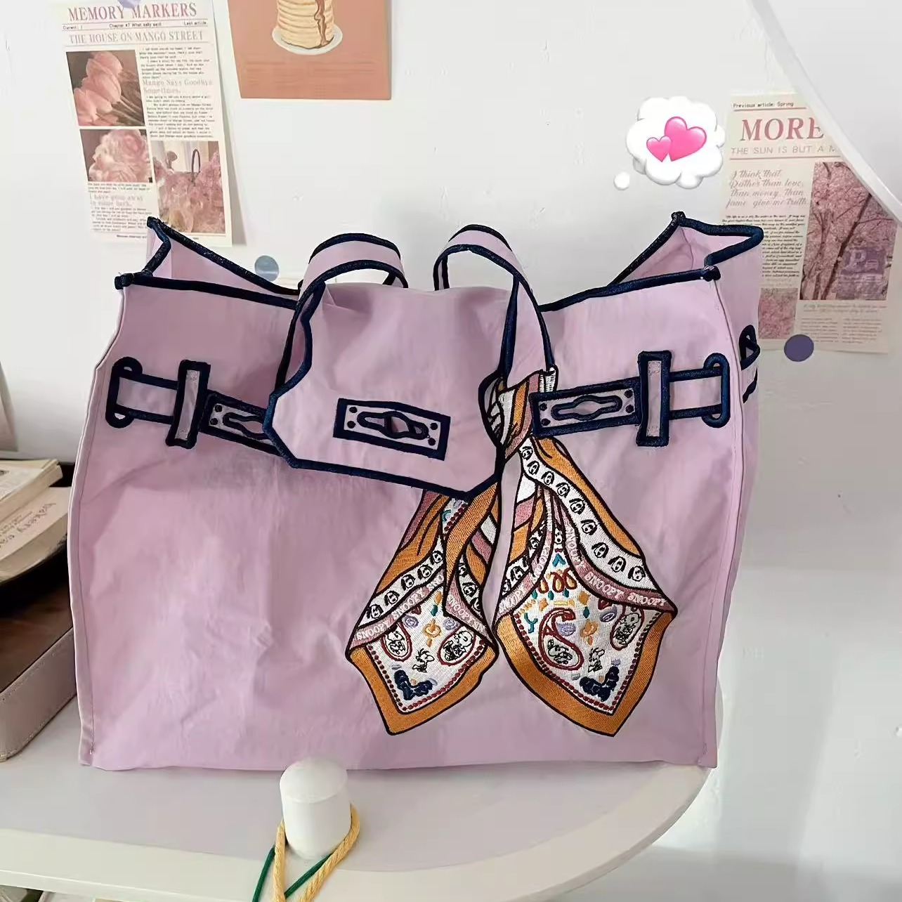 Lacousette联名卡通限定丝巾蝴蝶结刺绣款通勤帆布包购物袋环保袋