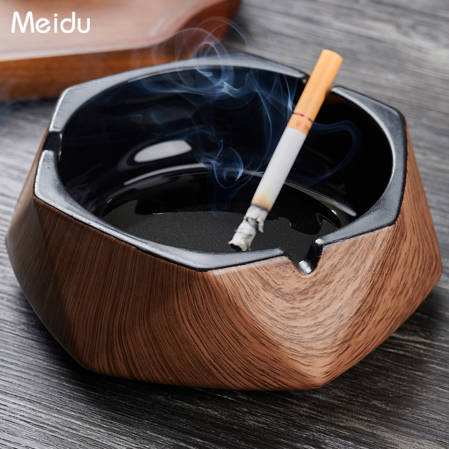 玻璃烟灰缸高端大号胡桃木纹创意灭烟缸商用酒店办公室客厅上档次