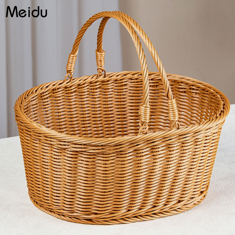 大号手提收纳篮鸡蛋鲜花篮采摘水果篮野餐篮子仿藤编织超市购物篮