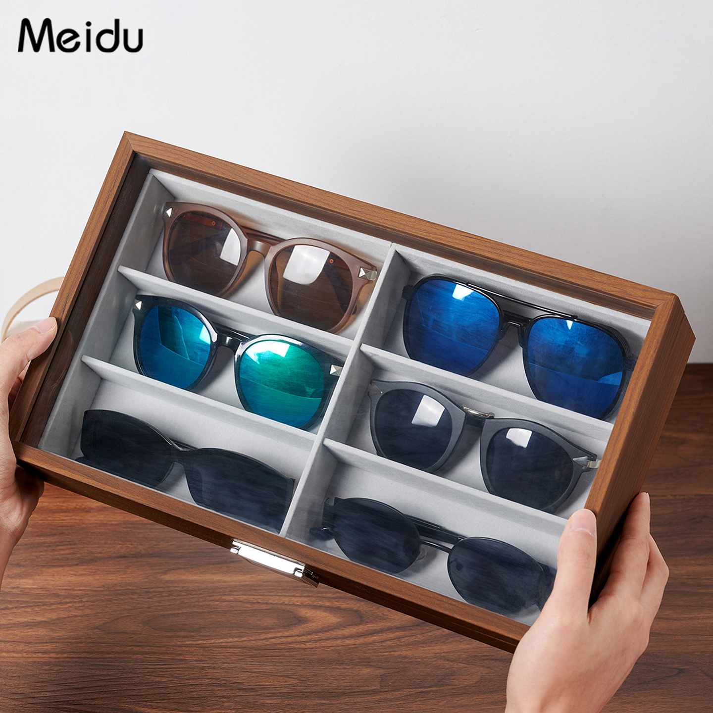 6格墨镜盒实木质眼镜收纳盒大容量多格太阳眼镜展示盒防尘首饰盒