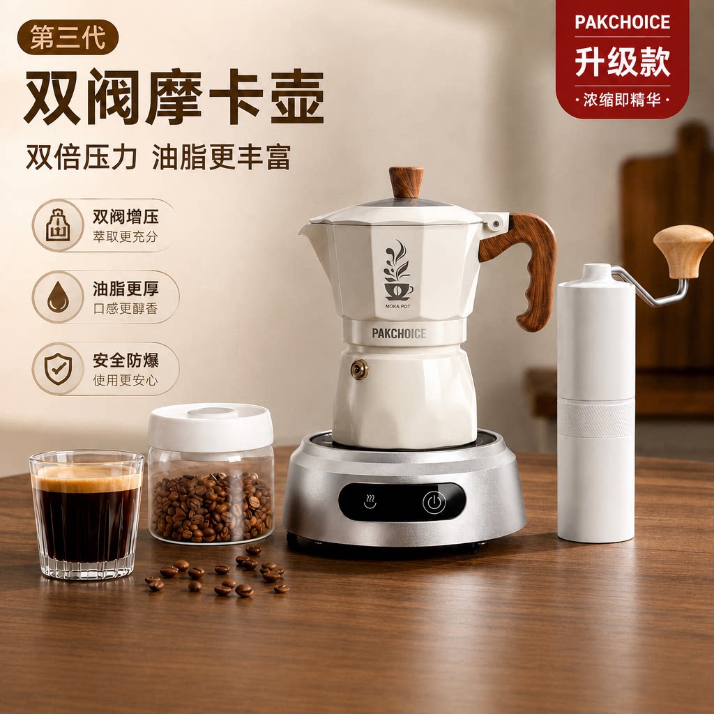 宝选双阀摩卡壶加热炉套装