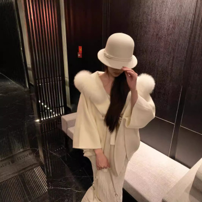 玫瑰斗篷2025新款狐狸毛领连帽双面羊绒大衣女小个子毛呢外套秋冬