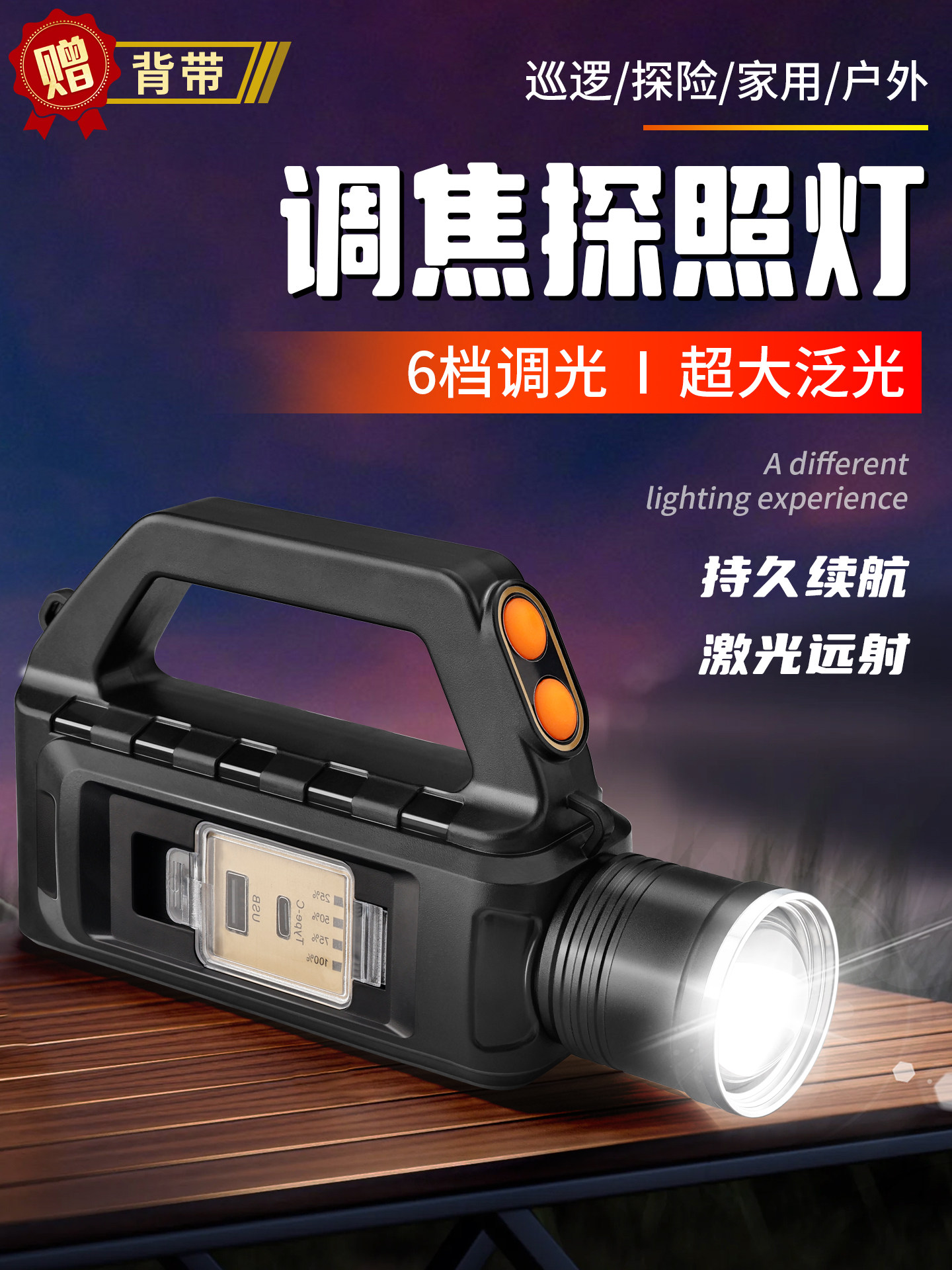 手电筒超长续航大容量2025新款变焦充电式耐用家用户外强光探照灯