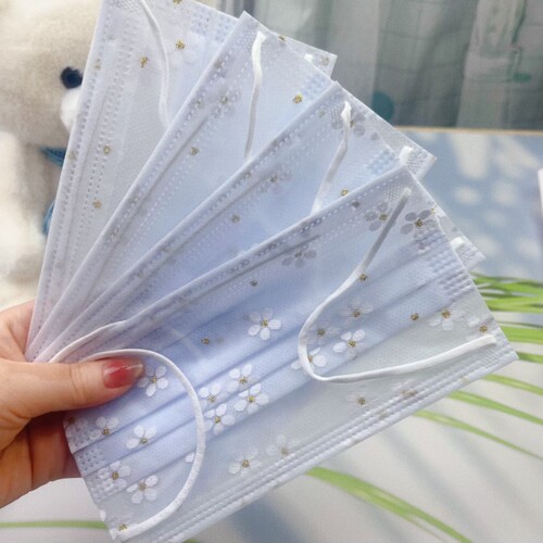 一次性网纱口罩 夏天轻薄透气款 女神浅蓝色樱花 1层网纱+2层布