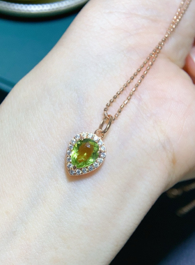S925银镶嵌天然碧玺吊坠项链女时尚个性心形果绿色宝石首饰