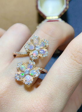 925银镶天然欧泊戒指双头梅花戒指 精美时尚 宝石首饰