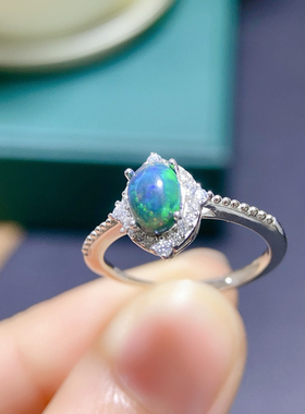 纯天然黑欧泊戒指925银镀K白金玫瑰金镶嵌5X7mm520礼物