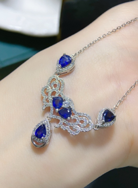 S925银镶嵌天然斯里兰卡蓝宝石项链高净度火彩超赞日韩大气时尚