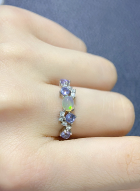 新款天然欧泊戒指925银K金工艺精工镶嵌3*4MM开口可调节