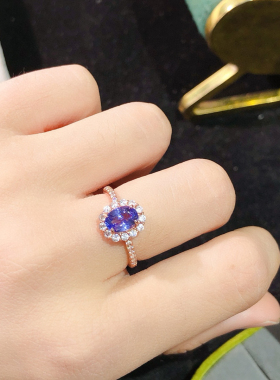 天然坦桑石戒指925银戒指坦桑石蓝色切面净体火彩好蓝宝石戒指